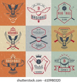 Set of baseball labels, logos, sign, badges and outfit. Collection baseball club emblem and design elements. Baseball tournament professional and sports graphic.