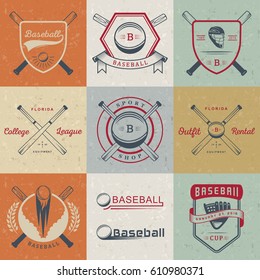 Set of baseball labels, logos, sign, badges and outfit. Collection baseball club emblem and design elements. Baseball tournament professional and sports graphic.