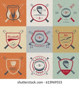 Set of baseball labels, logos, sign, badges and outfit. Collection baseball club emblem and design elements. Baseball tournament professional and sports graphic.