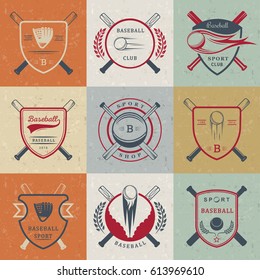 Set of baseball labels, logos, sign, badges and outfit. Collection baseball club emblem and design elements. Baseball tournament professional and sports graphic.