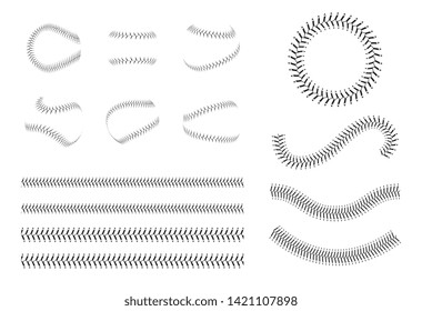 Set of baseball lace or decorative classic baseball seam's brushes vector illustration isolated on white background. Illustrator's brushes for sportive competitions design.