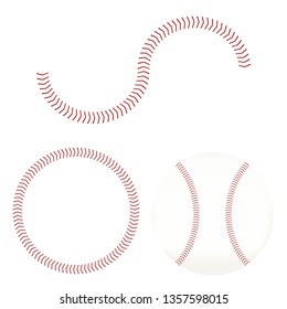 Set of Baseball lace. Baseball Stitch Red Lace and stitches isolated on white background. 
