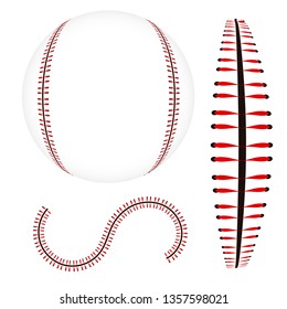 Set of Baseball lace. Baseball Stitch Red Lace and stitches isolated on white background. 