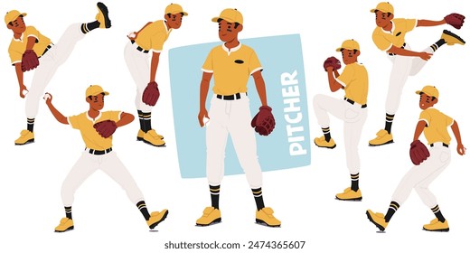 Set Of Baseball Pitcher Character In Different Pitching Positions, Demonstrating Form And Technique. Athlete Wears A Yellow Uniform And Cap, With Focus On The Baseball And Glove. Vector Illustration