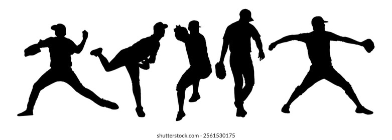 set of baseball pitcher throwing ball silhouettes	