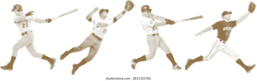 Set of baseball player action poses in brown halftone dot pattern style, male athletes swinging bat and catching ball, sports motion vector graphic design