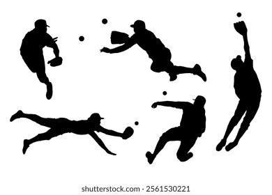 set of baseball player catching ball silhouettes	