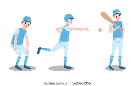 Set of baseball player character in different poses. Vector illustration in flat cartoon style.