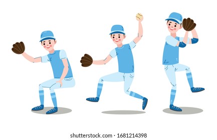 Set of baseball player character in different poses. Vector illustration in flat cartoon style.