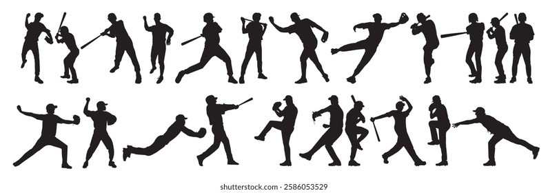 Set of Baseball player silhouette. different poses. Softball silhouette collection icon. Baseball game tournament poster, banner or flyer idea.