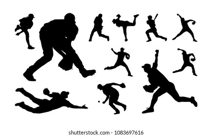 Set Of Baseball Player Silhouette Vector, Softball Silhouette Collection