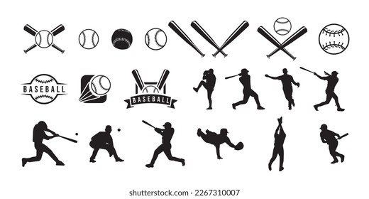 Juego de vectores de silueta de jugador de béisbol, colección de siluetas de softball