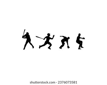 Set of Baseball player silhouette vector. Baseball Batter Hitting Ball with Bat for Home Run. Set of baseball player vector silhouette.