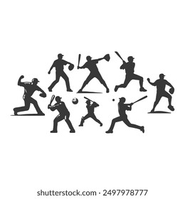 set of Baseball player silhouettes set in different poses. Baseball icons vector .Baseball Silhouette Series