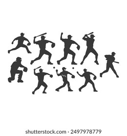 set of Baseball player silhouettes set in different poses. Baseball icons vector .Baseball Silhouette Series