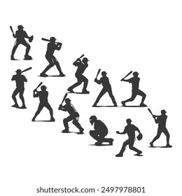 set of Baseball player silhouettes set in different poses. Baseball icons vector .Baseball Silhouette Series