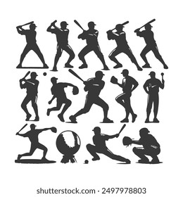 set of Baseball player silhouettes set in different poses. Baseball icons vector .Baseball Silhouette Series