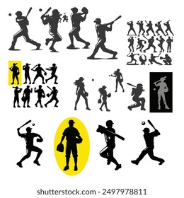 set of Baseball player silhouettes set in different poses. Baseball icons vector .Baseball Silhouette Series