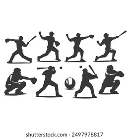 set of Baseball player silhouettes set in different poses. Baseball icons vector .Baseball Silhouette Series