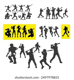 set of Baseball player silhouettes set in different poses. Baseball icons vector .Baseball Silhouette Series