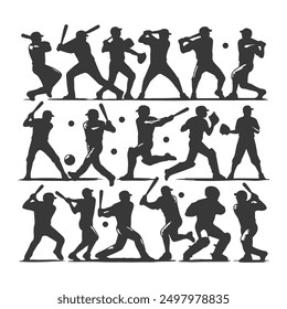 Conjunto de siluetas de jugador de béisbol en diferentes poses. Vector de iconos de béisbol. Serie de silueta de béisbol