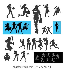 set of Baseball player silhouettes set in different poses. Baseball icons vector .Baseball Silhouette Series