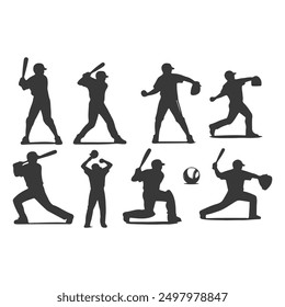 set of Baseball player silhouettes set in different poses. Baseball icons vector .Baseball Silhouette Series