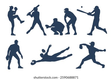 Set baseball player silhouettes. Emblem or badge design. Athletes in uniform in active dynamic poses. Sport game characters. Sportsman on championship. Pitchers men. Vector illustration