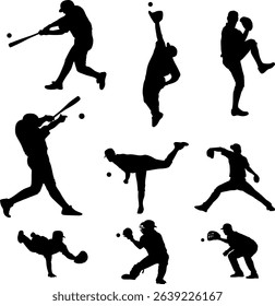 Set of baseball player silhouettes icon vector flat illustration design on white background.	