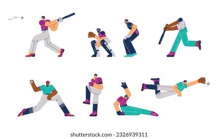 Set of baseball players catching and throwing ball, flat vector illustration isolated on white background. Baseball pitcher, batter and catcher. Men in uniform playing baseball game.