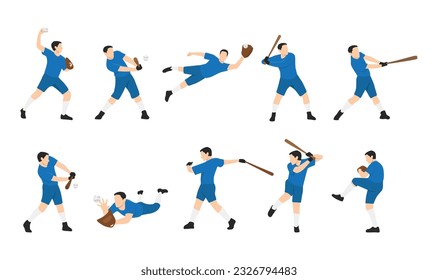 Set of baseball players isolated. Man with bat and glove athlete. Flat vector illustration isolated on white backgroun