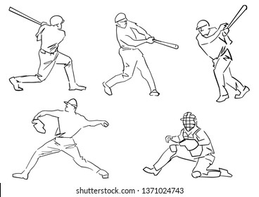 Set of baseball players: pitcher, batter, catcher. Active pose collection. Isolated countour. Black line drawing. Sketch style. Vector outlines.