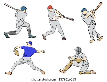 Set of baseball players: pitcher, batter, catcher. Active pose collection. Vector flat illustration. Isolated black contour and colors. Sketch style.