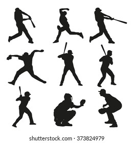 Juego de siluetas de jugadores de béisbol. Batería, cazador, lanzador, base, cazador, casero, cangrejo, parada corta