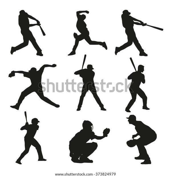 Set Baseball Players Silhouettes Batter Catcher Stock Vector (Royalty ...