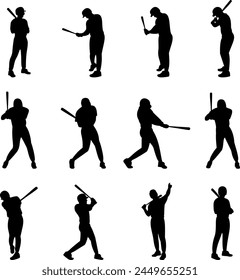 Set of baseball players silhouettes in various positions