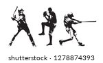 Set of baseball players vector silhouettes. Group of baseballer, isolated ink drawings