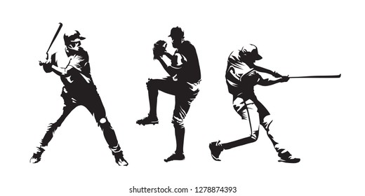 Set of baseball players vector silhouettes. Group of baseballer, isolated ink drawings - Shutterstock ID 1278874393