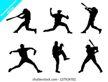 Set of Baseball Players Vector Silhouettes