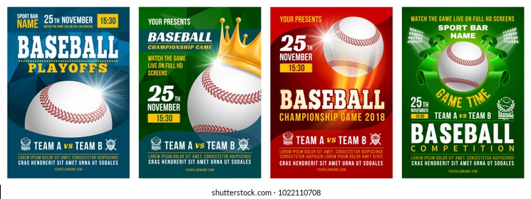 Set of baseball posters with baseball ball. Baseball competition game advertising. Sport event announcement. Place your text and emblems of participants. Vector illustration. 