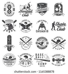 Set of baseball and skateboard club badge. Vector illustration. Concept for shirt or logo, print, stamp or tee. Design with baseball bats, catcher, eagle, ball, skateboarder and skateboard silhouette.