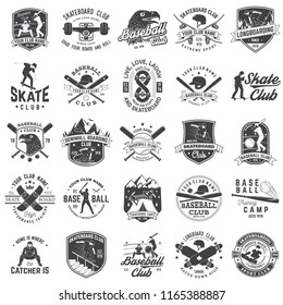 Set of baseball and skateboard club badge. Vector illustration. Concept for shirt or logo, print, stamp or tee. Design with baseball bats, catcher, eagle, ball, skateboarder and skateboard silhouette.