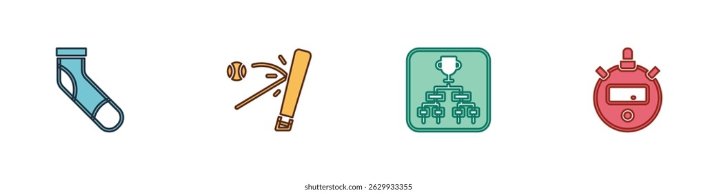 Set Baseball sock, bat with, Championship tournament bracket and Stopwatch icon. Vector