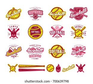 Set of baseball and softball badges. Graphic design for t-shirt and stickers. Color print on white background