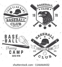 Set of baseball or softball club badge. Vector illustration. Concept for shirt or logo, print, stamp or tee. Vintage typography design with baseball bats, cap, eagle and ball for baseball silhouette.