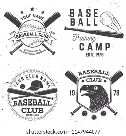 Set of baseball or softball club badge. Vector illustration. Concept for shirt or logo, print, stamp or tee. Vintage typography design with baseball bats, cap, eagle and ball for baseball silhouette.