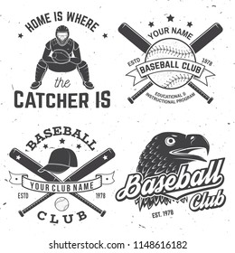 Set of baseball or softball club badge. Vector illustration. Concept for shirt or logo, print, stamp or tee. Vintage typography design with baseball bats, cap, eagle and ball for baseball silhouette.