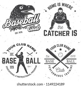 Set of baseball or softball club badge. Vector illustration. Concept for shirt or logo, print, stamp or tee. Vintage typography design with baseball bats, cap, eagle and ball for baseball silhouette.