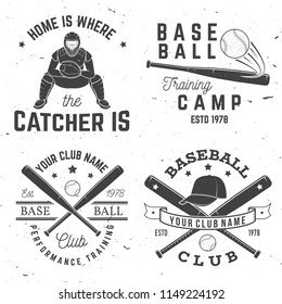 Set of baseball or softball club badge. Vector illustration. Concept for shirt or logo, print, stamp or tee. Vintage typography design with baseball bats, catcher and ball for baseball silhouette.