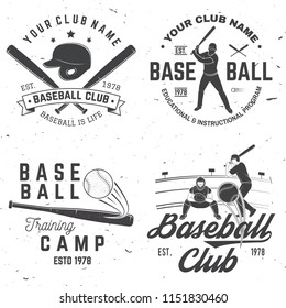 Set of baseball or softball club badge. Vector. Concept for shirt or logo, print, stamp or tee. Vintage typography design with baseball bats, helmet, catcher and ball for baseball silhouette.